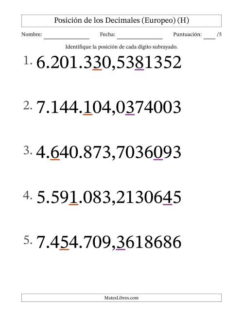 La hoja de ejercicios de Identificar Posición de Números con Decimales desde Las Diezmillonésimas hasta Los Millones (Formato Grande), Formato Europeo (H)
