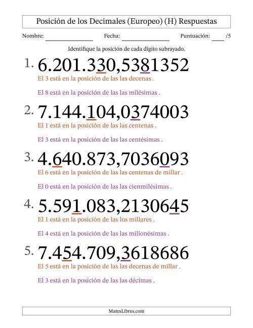 La hoja de ejercicios de Identificar Posición de Números con Decimales desde Las Diezmillonésimas hasta Los Millones (Formato Grande), Formato Europeo (H) Página 2