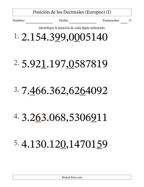 La hoja de ejercicios de Identificar Posición de Números con Decimales desde Las Diezmillonésimas hasta Los Millones (Formato Grande), Formato Europeo (I)
