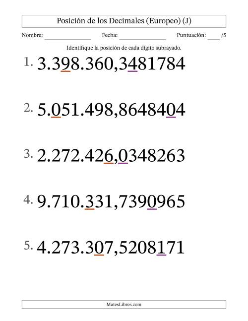 La hoja de ejercicios de Identificar Posición de Números con Decimales desde Las Diezmillonésimas hasta Los Millones (Formato Grande), Formato Europeo (J)