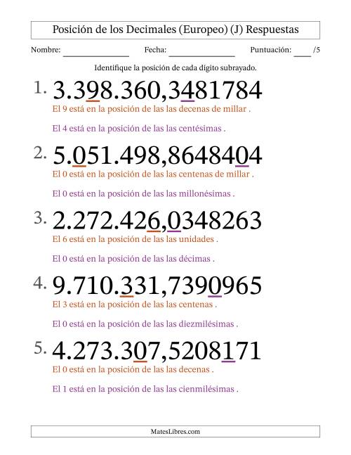 La hoja de ejercicios de Identificar Posición de Números con Decimales desde Las Diezmillonésimas hasta Los Millones (Formato Grande), Formato Europeo (J) Página 2