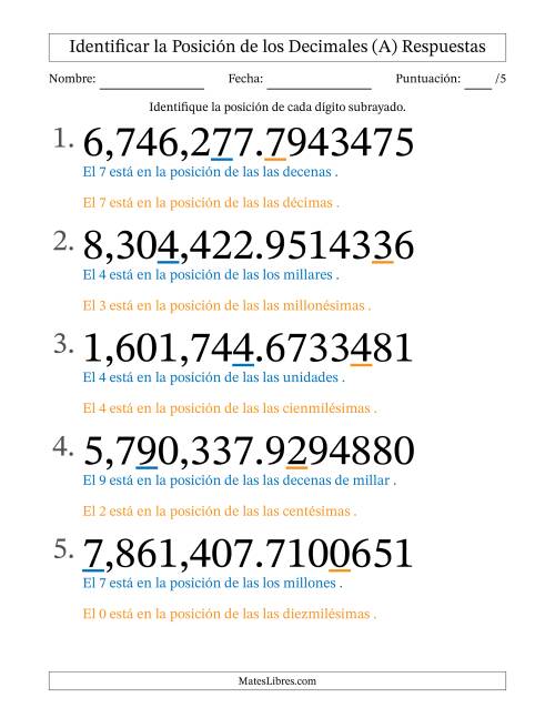 La hoja de ejercicios de Identificar Posición de Números con Decimales desde Las Diezmillonésimas hasta Los Millones (Formato Grande) (Todas) Página 2