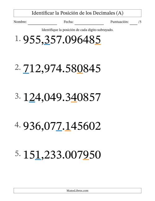 La hoja de ejercicios de Identificar Posición de Números con Decimales desde Las Millonésimas hasta Las Centenas De Millar (Formato Grande) (A)