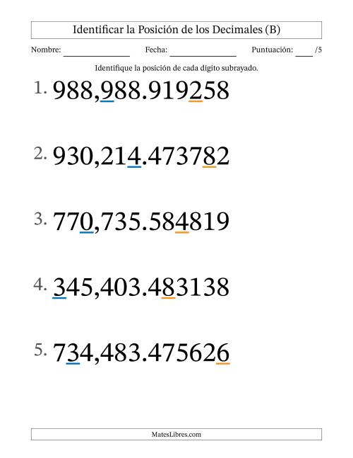 La hoja de ejercicios de Identificar Posición de Números con Decimales desde Las Millonésimas hasta Las Centenas De Millar (Formato Grande) (B)