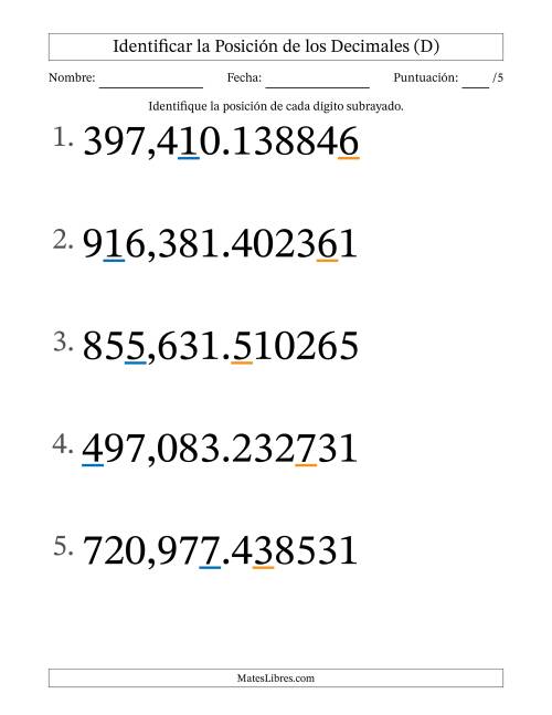 La hoja de ejercicios de Identificar Posición de Números con Decimales desde Las Millonésimas hasta Las Centenas De Millar (Formato Grande) (D)