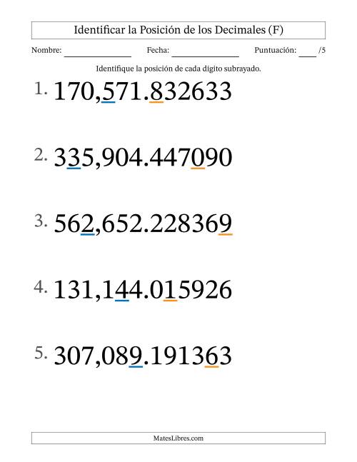La hoja de ejercicios de Identificar Posición de Números con Decimales desde Las Millonésimas hasta Las Centenas De Millar (Formato Grande) (F)