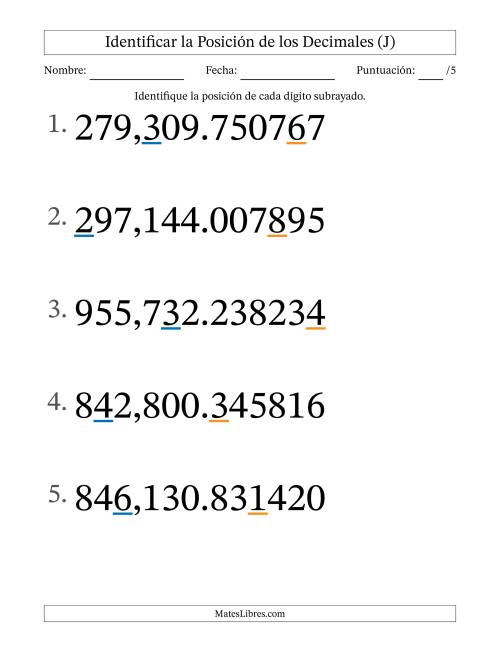 La hoja de ejercicios de Identificar Posición de Números con Decimales desde Las Millonésimas hasta Las Centenas De Millar (Formato Grande) (J)