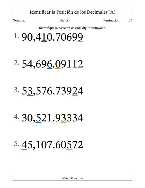 La hoja de ejercicios de Identificar Posición de Números con Decimales desde Las Cienmilésimas hasta Las Decenas De Millar (Formato Grande) (A)