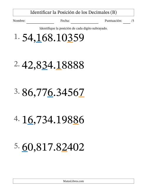 La hoja de ejercicios de Identificar Posición de Números con Decimales desde Las Cienmilésimas hasta Las Decenas De Millar (Formato Grande) (B)