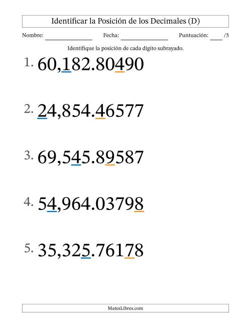La hoja de ejercicios de Identificar Posición de Números con Decimales desde Las Cienmilésimas hasta Las Decenas De Millar (Formato Grande) (D)