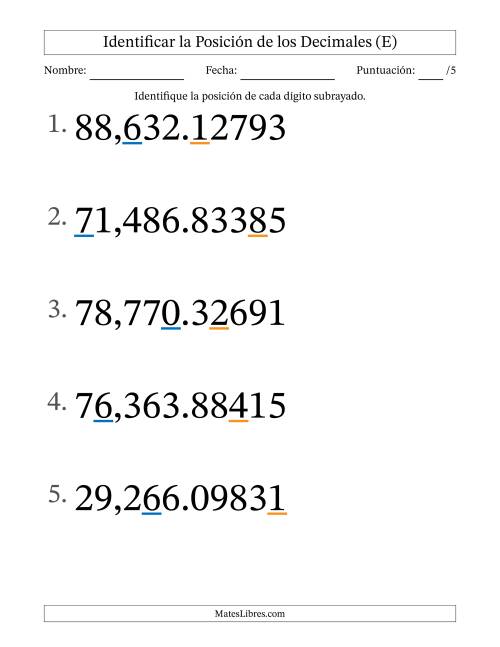 La hoja de ejercicios de Identificar Posición de Números con Decimales desde Las Cienmilésimas hasta Las Decenas De Millar (Formato Grande) (E)