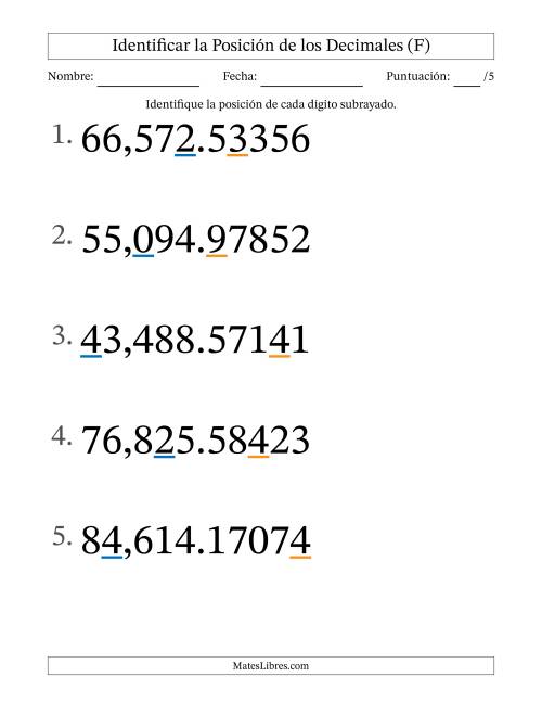 La hoja de ejercicios de Identificar Posición de Números con Decimales desde Las Cienmilésimas hasta Las Decenas De Millar (Formato Grande) (F)