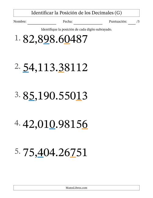 La hoja de ejercicios de Identificar Posición de Números con Decimales desde Las Cienmilésimas hasta Las Decenas De Millar (Formato Grande) (G)
