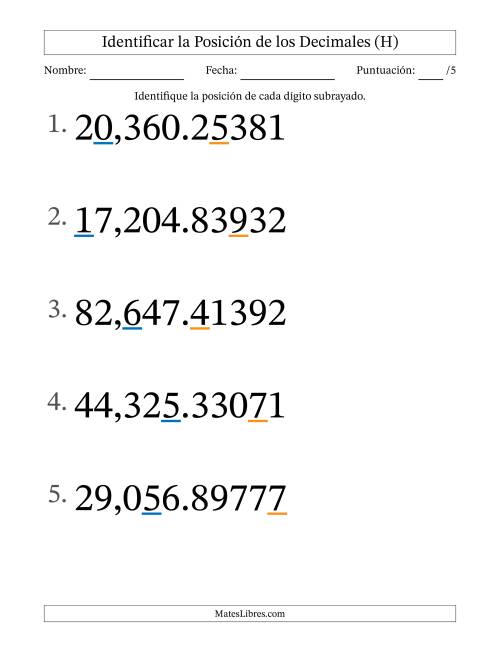 La hoja de ejercicios de Identificar Posición de Números con Decimales desde Las Cienmilésimas hasta Las Decenas De Millar (Formato Grande) (H)