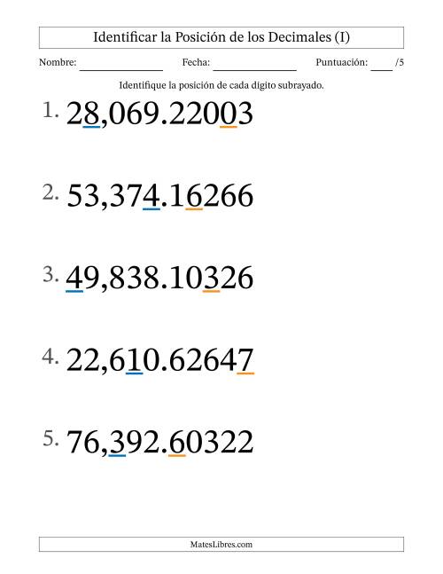 La hoja de ejercicios de Identificar Posición de Números con Decimales desde Las Cienmilésimas hasta Las Decenas De Millar (Formato Grande) (I)