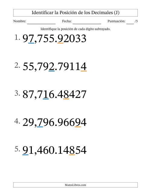 La hoja de ejercicios de Identificar Posición de Números con Decimales desde Las Cienmilésimas hasta Las Decenas De Millar (Formato Grande) (J)