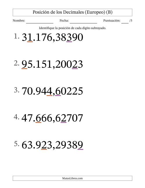 La hoja de ejercicios de Identificar Posición de Números con Decimales desde Las Cienmilésimas hasta Las Decenas De Millar (Formato Grande), Formato Europeo (B)
