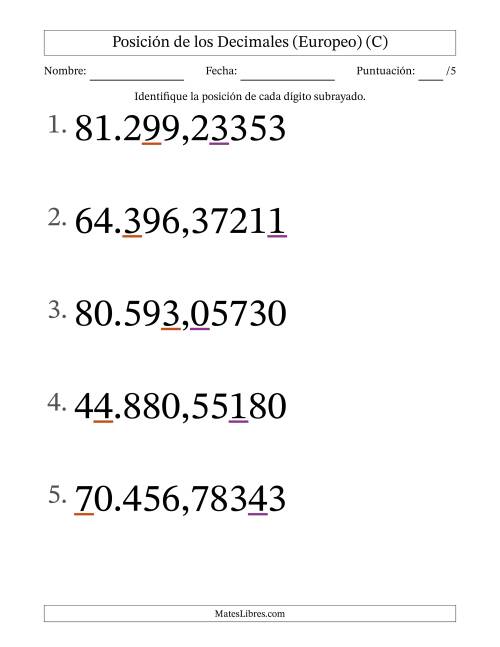 La hoja de ejercicios de Identificar Posición de Números con Decimales desde Las Cienmilésimas hasta Las Decenas De Millar (Formato Grande), Formato Europeo (C)