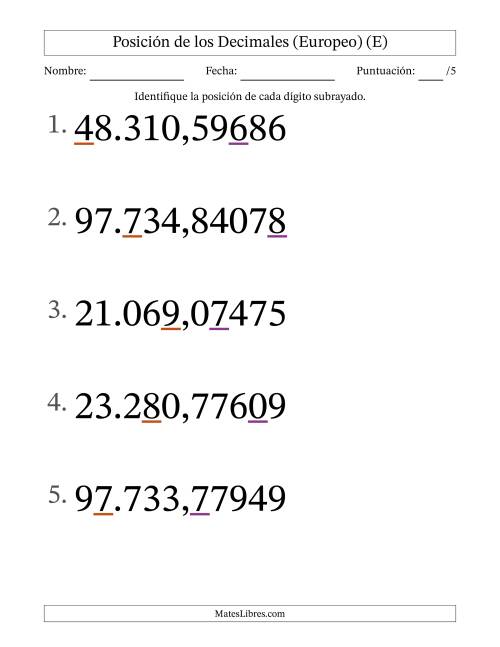 La hoja de ejercicios de Identificar Posición de Números con Decimales desde Las Cienmilésimas hasta Las Decenas De Millar (Formato Grande), Formato Europeo (E)