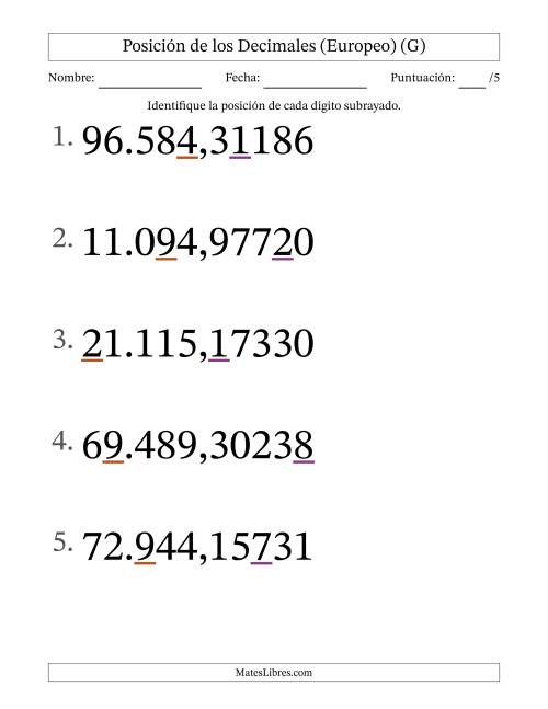 La hoja de ejercicios de Identificar Posición de Números con Decimales desde Las Cienmilésimas hasta Las Decenas De Millar (Formato Grande), Formato Europeo (G)