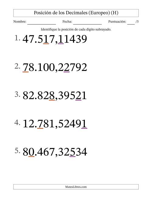 La hoja de ejercicios de Identificar Posición de Números con Decimales desde Las Cienmilésimas hasta Las Decenas De Millar (Formato Grande), Formato Europeo (H)