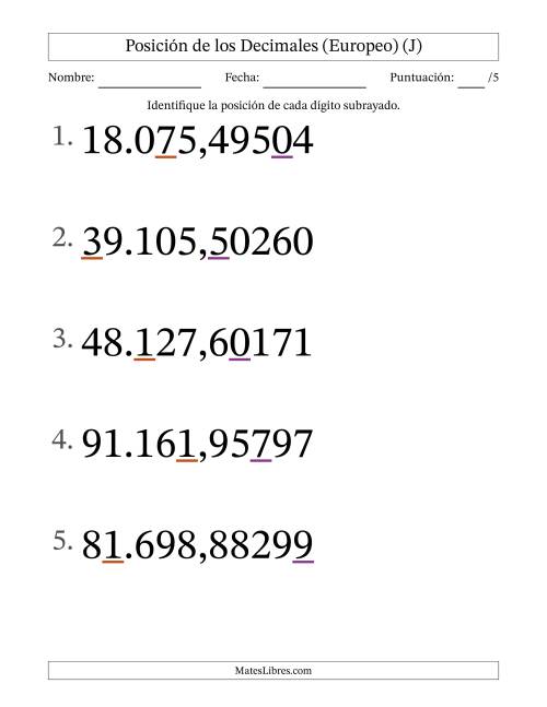 La hoja de ejercicios de Identificar Posición de Números con Decimales desde Las Cienmilésimas hasta Las Decenas De Millar (Formato Grande), Formato Europeo (J)