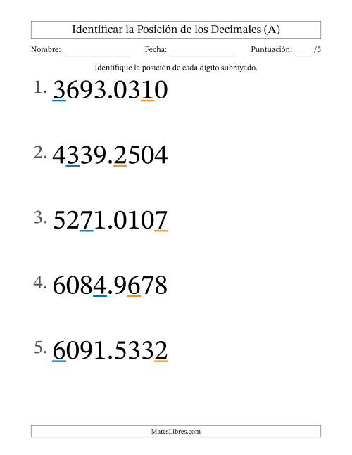 La hoja de ejercicios de Identificar Posición de Números con Decimales desde Las Diezmilésimas hasta Los Millares (Formato Grande) (A)