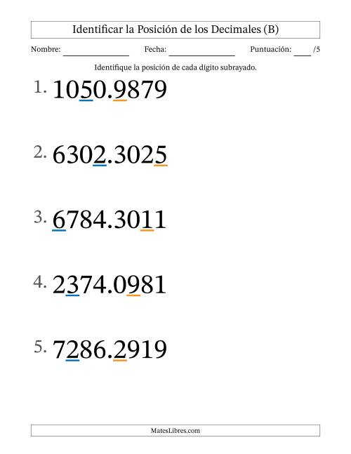 La hoja de ejercicios de Identificar Posición de Números con Decimales desde Las Diezmilésimas hasta Los Millares (Formato Grande) (B)