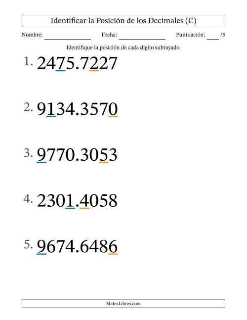 La hoja de ejercicios de Identificar Posición de Números con Decimales desde Las Diezmilésimas hasta Los Millares (Formato Grande) (C)