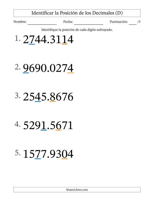 La hoja de ejercicios de Identificar Posición de Números con Decimales desde Las Diezmilésimas hasta Los Millares (Formato Grande) (D)