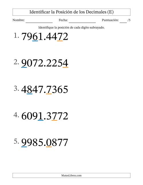 La hoja de ejercicios de Identificar Posición de Números con Decimales desde Las Diezmilésimas hasta Los Millares (Formato Grande) (E)