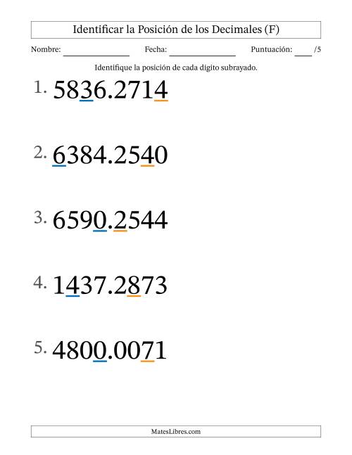 La hoja de ejercicios de Identificar Posición de Números con Decimales desde Las Diezmilésimas hasta Los Millares (Formato Grande) (F)