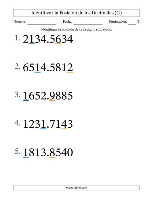 La hoja de ejercicios de Identificar Posición de Números con Decimales desde Las Diezmilésimas hasta Los Millares (Formato Grande) (G)