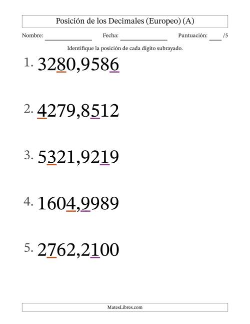 La hoja de ejercicios de Identificar Posición de Números con Decimales desde Las Diezmilésimas hasta Los Millares (Formato Grande), Formato Europeo (A)