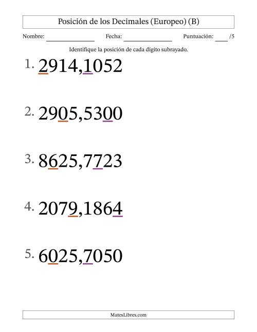 La hoja de ejercicios de Identificar Posición de Números con Decimales desde Las Diezmilésimas hasta Los Millares (Formato Grande), Formato Europeo (B)