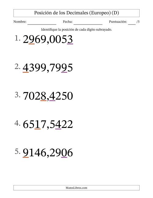 La hoja de ejercicios de Identificar Posición de Números con Decimales desde Las Diezmilésimas hasta Los Millares (Formato Grande), Formato Europeo (D)