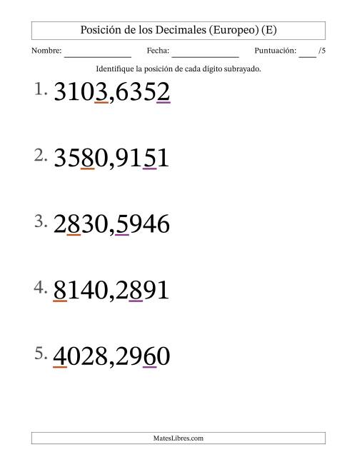 La hoja de ejercicios de Identificar Posición de Números con Decimales desde Las Diezmilésimas hasta Los Millares (Formato Grande), Formato Europeo (E)