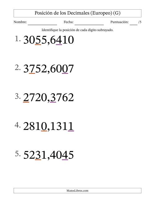 La hoja de ejercicios de Identificar Posición de Números con Decimales desde Las Diezmilésimas hasta Los Millares (Formato Grande), Formato Europeo (G)