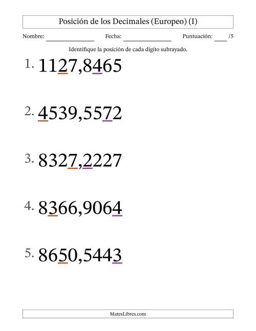 La hoja de ejercicios de Identificar Posición de Números con Decimales desde Las Diezmilésimas hasta Los Millares (Formato Grande), Formato Europeo (I)