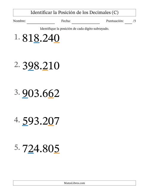 La hoja de ejercicios de Identificar Posición de Números con Decimales desde Las Milésimas hasta Las Centenas (Formato Grande) (C)