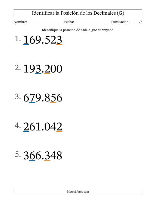 La hoja de ejercicios de Identificar Posición de Números con Decimales desde Las Milésimas hasta Las Centenas (Formato Grande) (G)