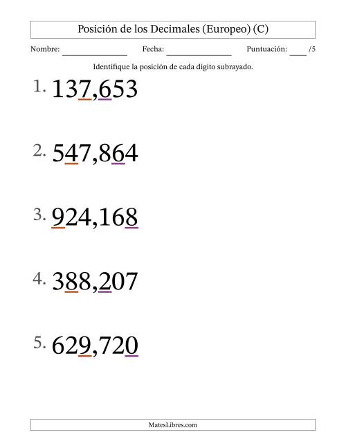 La hoja de ejercicios de Identificar Posición de Números con Decimales desde Las Milésimas hasta Las Centenas (Formato Grande), Formato Europeo (C)