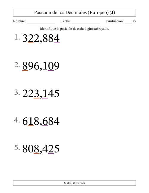 La hoja de ejercicios de Identificar Posición de Números con Decimales desde Las Milésimas hasta Las Centenas (Formato Grande), Formato Europeo (J)