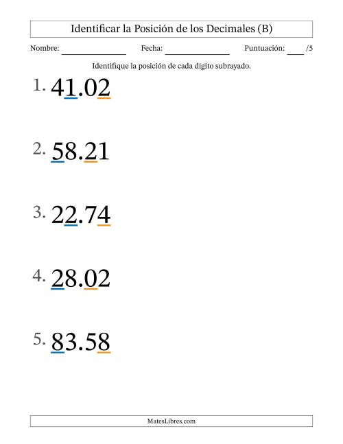 La hoja de ejercicios de Identificar Posición de Números con Decimales desde Las Centésimas hasta Las Decenas (Formato Grande) (B)