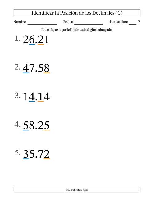 La hoja de ejercicios de Identificar Posición de Números con Decimales desde Las Centésimas hasta Las Decenas (Formato Grande) (C)