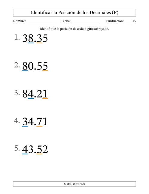 La hoja de ejercicios de Identificar Posición de Números con Decimales desde Las Centésimas hasta Las Decenas (Formato Grande) (F)