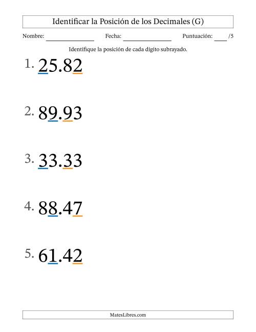 La hoja de ejercicios de Identificar Posición de Números con Decimales desde Las Centésimas hasta Las Decenas (Formato Grande) (G)