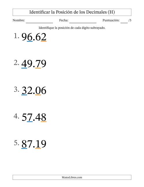 La hoja de ejercicios de Identificar Posición de Números con Decimales desde Las Centésimas hasta Las Decenas (Formato Grande) (H)