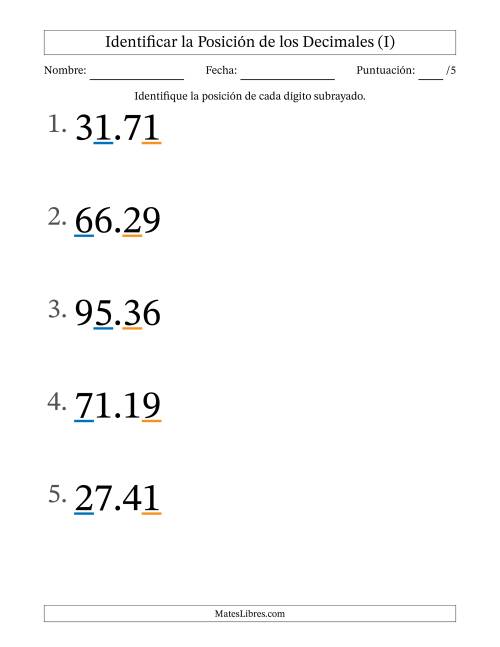 La hoja de ejercicios de Identificar Posición de Números con Decimales desde Las Centésimas hasta Las Decenas (Formato Grande) (I)