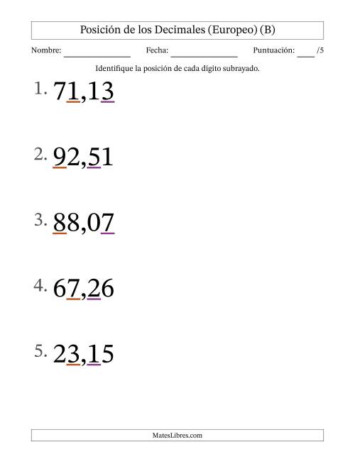 La hoja de ejercicios de Identificar Posición de Números con Decimales desde Las Centésimas hasta Las Decenas (Formato Grande), Formato Europeo (B)